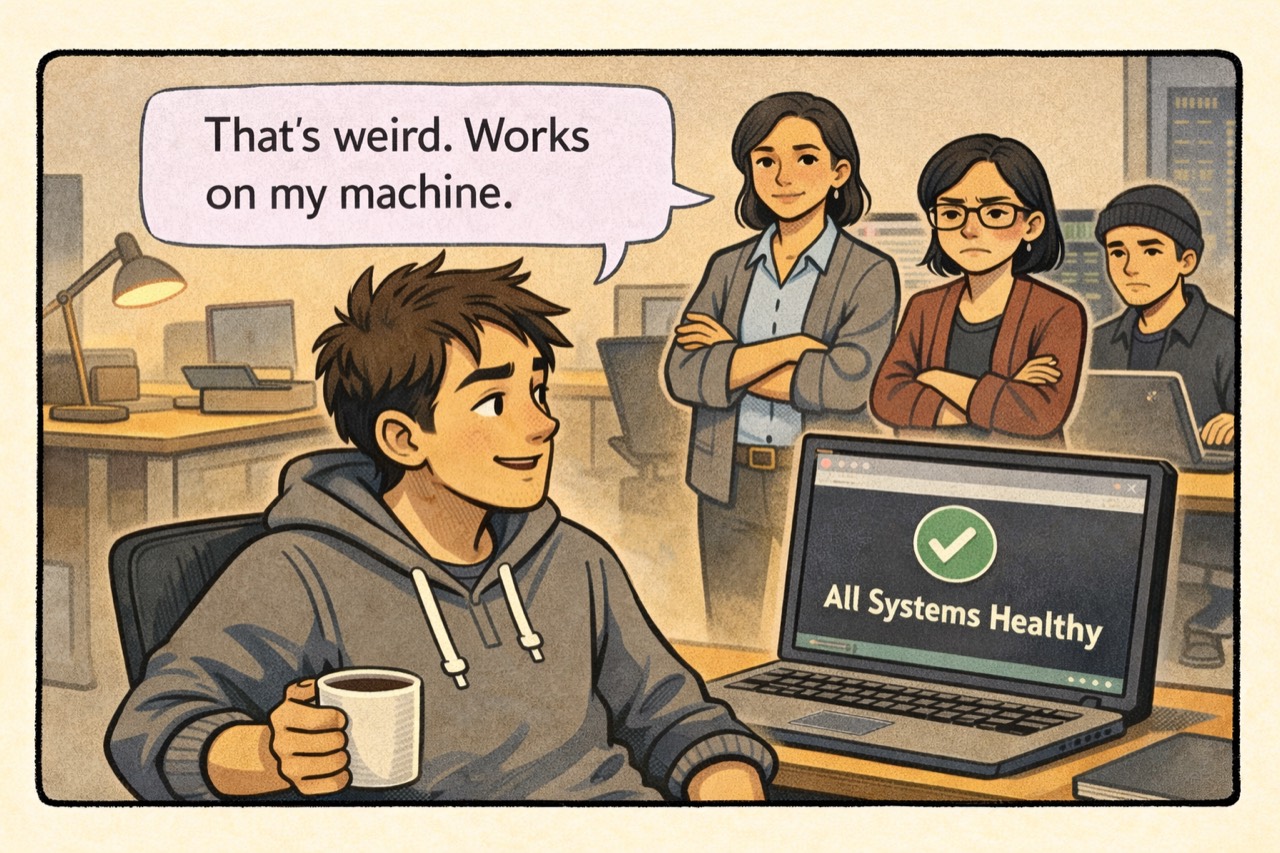 Panel 3: Works on my machine